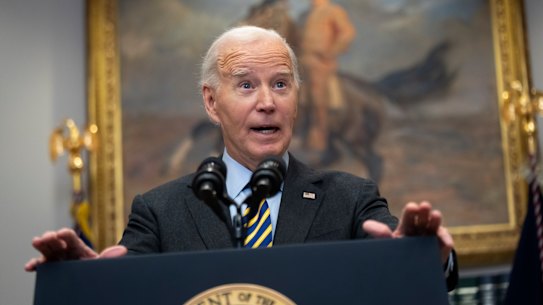 President Joe Biden speaks in the Roosevelt Room at the White House in Washington.