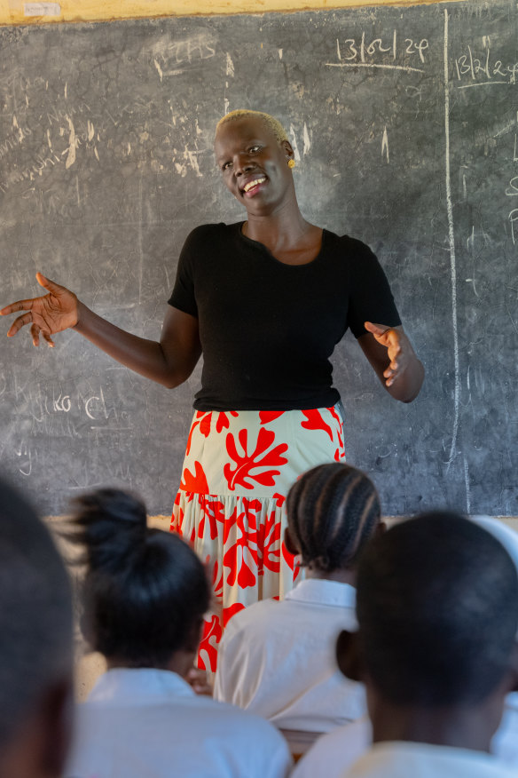 Nydadol Nyuon addressing students at  Kakuma Secondary School in Kenya.