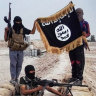 Islamic State fighters pose with a Jihadist flag in northern Iraq.