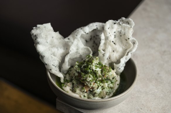 Spanner crab, avocado and puffed cracker. 
