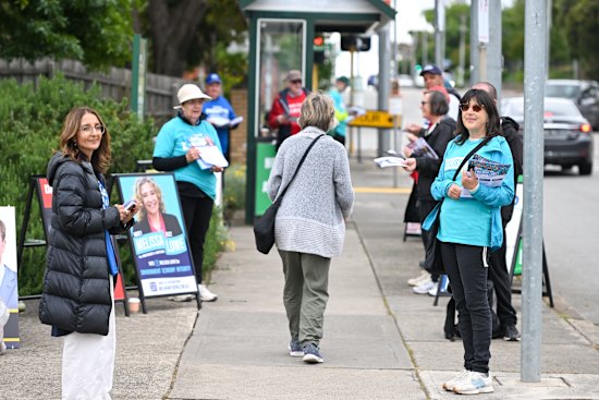 Party volunteers hand out how-to-vote cards at the early voting centre in Camberwell.