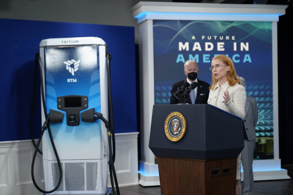 President Joe Biden listens as Tritium CEO Jane Hunter speaks about electric vehicle chargers at the White House on February 8, 2022.