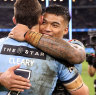 Brian To’o celebrates with Panthers teammate Nathan Cleary.