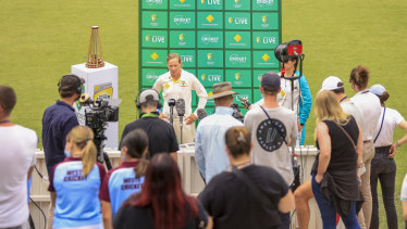 Australian captain Meg Lanning addresses the media at Manuka Oval. 
