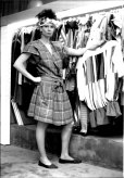 Clothes designer Katie Pye from Hieroglyphics photographed in the shop at East Sydney. December 16, 1982.