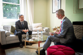 Peter Hartcher interviewing US Secretary of State Antony Blinken in Melbourne earlier this month.