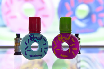 Blueberry and apple-flavoured e-liquids on show at a trade show in London in April.