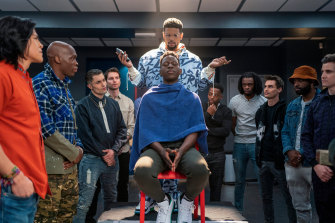 The positive aspects of male bonding are also shown in Ted Lasso, as when Isaac (Kola Bokinni) gives Sam (Toheeb Jimoh) a festive haircut in the locker room.
