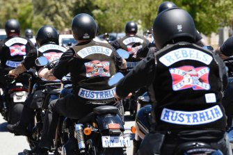 Hundreds of bikies leave the funeral home in North Perth on their way to Pinnaroo Valley Memorial Park.