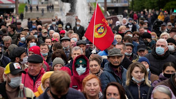 Demonstrators gather during a protest against the results of the Parliamentary election in Moscow, Russia. The Communist Party, which came second in Russia’s parliamentary election earlier this month, filed multiple lawsuits.