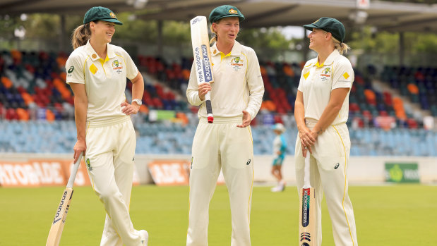 Ellyse Perry, Meg Lanning and Alyssa Healy before the Women’s Ashes Test in Canberra. 