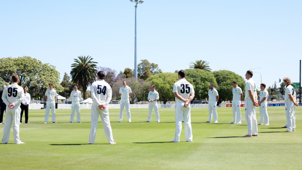 Players in the Sheffield Shield gather for a barefoot circle in Adelaide last week.