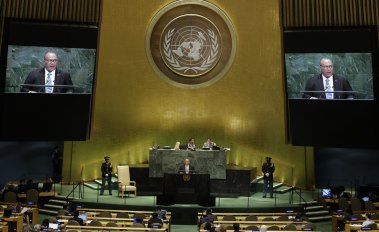 Nauru President Lionel Aingimea addresses the UN General Assembly on Thursday.