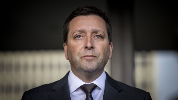 Victorian Opposition Leader Matthew Guy outside Melbourne’s Parliament House on Tuesday.