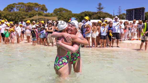Emotions ran high after swimmers finished the 20-kilometre swim. 