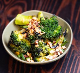 Charred broccoli with green beans, yoghurt dressing and almonds.