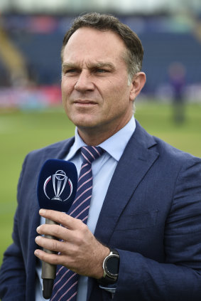 Michael Slater working as a commentator in 2019.