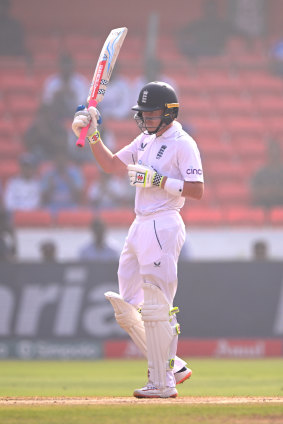 Ollie Pope after reaching 150 in Hyderabad.
