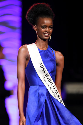 Contestant Adau Mornyang at the Victorian finals for 2017 Miss World Australia.