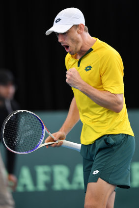 Pumped: John Millman in action for Australia at the Davis Cup.