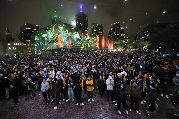 The soccer lover was among fans at Federation Square on Saturday.