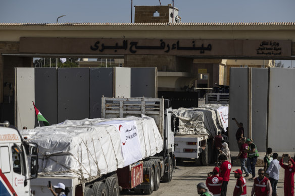 Aid trucks at the Rafah border crossing on Saturday.
