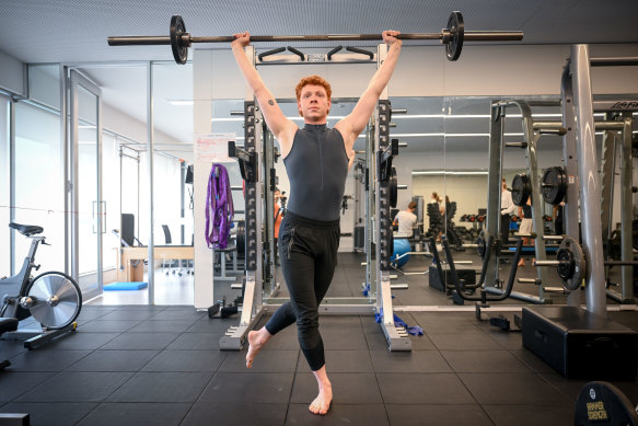 Australian Ballet dancer Jacob de Groot lifts weights at the company’s health centre in October.