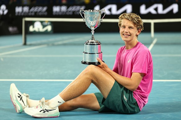 Ziga Sesko of Slovenia celebrates winning the junior boys title.