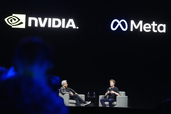 Nvidia chief executive officer Jensen Huang, left, talks about artificial intelligence with Meta founder and CEO Mark Zuckerberg at SIGGRAPH 2024 – a conference on computer graphics and interactive techniques in Denver.