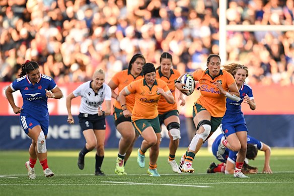 Australia’s Siokapesi Palu Sekona on the attack during the WXV Global Series clash with France in Aix-en-Provence.