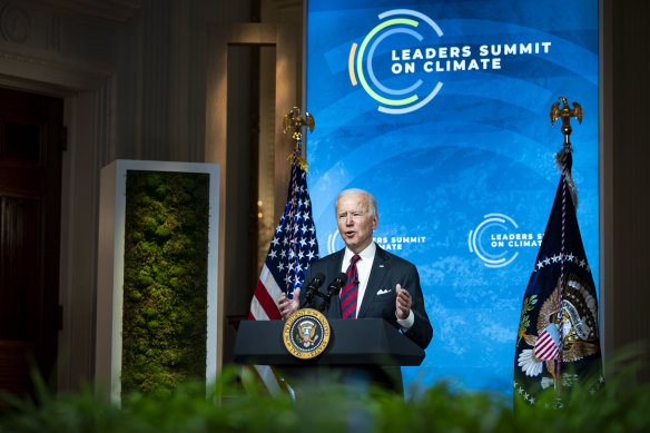 US President Joe Biden speaks during the virtual Leaders Summit on Climate.