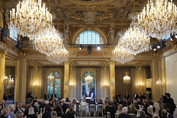 US President Joe Biden speaks during a state dinner with French President Emmanuel Macron.