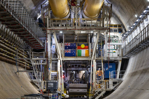 Flags put up by workers inside one of the new tunnels.