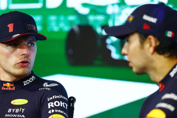 Max Verstappen and race winner Sergio Perez in Saudi Arabia.