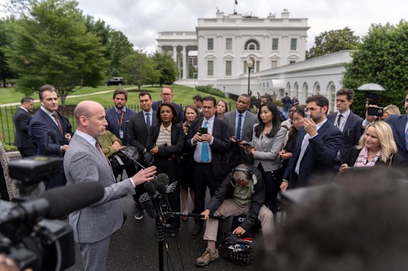 White House deputy chief of staff Stephen Miller speaks to reporters outside the White House.