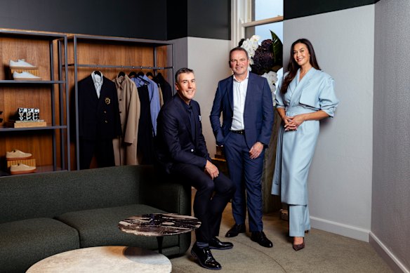 David Jones CEO Scott Fyfe, Qantas Loyalty CEO Andrew Glance, and brand ambassador, model and actor Megan Gale.