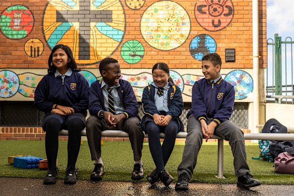 Year 6 pupils Leyana Thapa, Patrick Kpaka, Brianna Vu and Jonah Katrib at Holy Family Primary School in Granville.