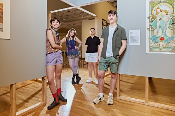 2025 ArtExpress winners (from left) Finn Bernstone Harris, Maxina Spence, Anthony Douaihy and Oscar Hartley. Check out their work at the Art Gallery of NSW before the exhibition closes.  