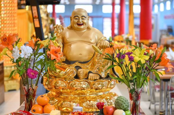 A shrine to Buddha at the Bright Moon Buddhist Society temple. 