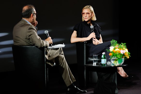  Cate Blanchett speaks with Didier Allouch on stage during the Rendez-vous with Cate Blanchett event at Cannes.