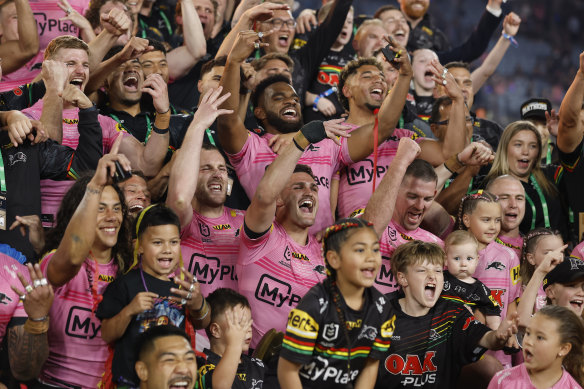 The Penrith Panthers celebrate their fourth straight grand final triumph in 2024.