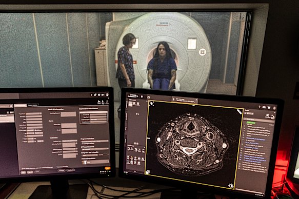 Radiographer Miranda Northey prepares Stacey Walker for an MRI at the Victorian Institute of Forensic Medicine. 