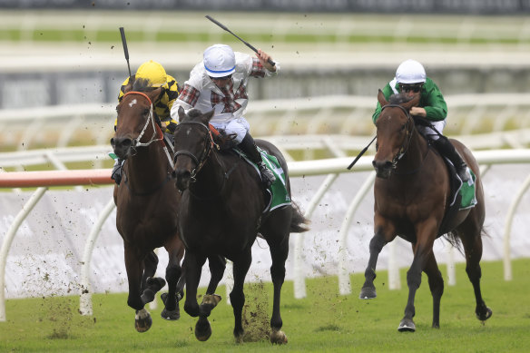 Jamea (centre) wins the Percy Sykes Stakes at Randwick during last year’s The Championships.