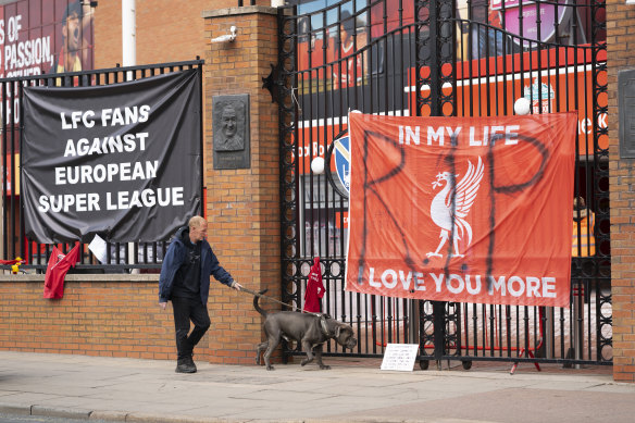 Banners outside Liverpool’s Anfield Stadium after the collapse of English involvement in the proposed European Super League.