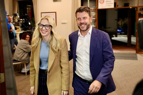 Liberal Bullwinkel candidate Matt Moran with his partner Kama at the Lesmurdie Club.