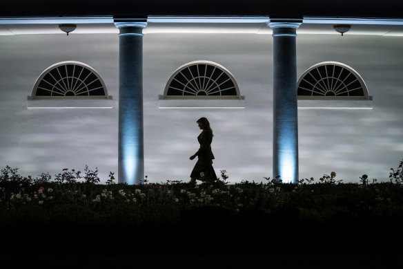 Then first lady Melania Trump walks to the Rose Garden at the White House to film her speech for the Republican National Convention in August 2020.