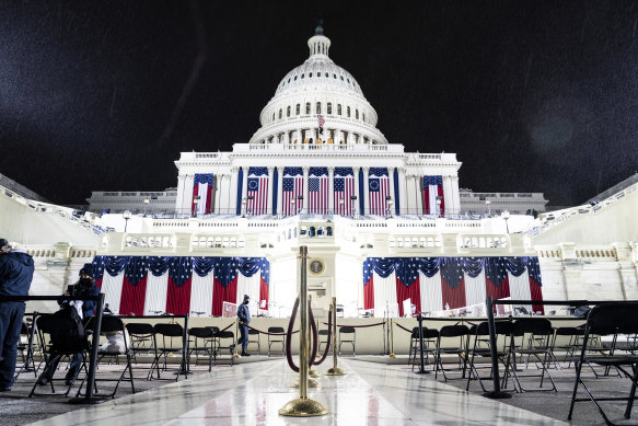 A light rain fell at the Capitol as inauguration preparations continued.