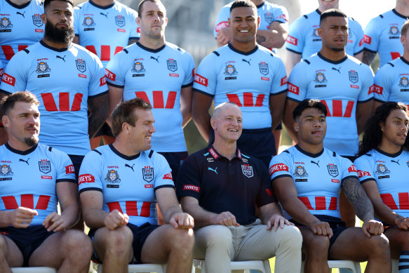 Michael Maguire with his Blues squad before Origin I.