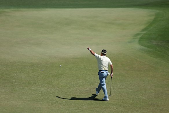 Jason Day reacts on the eighth green.