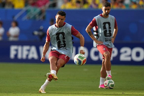 Cristiano Ronaldo warms up. 